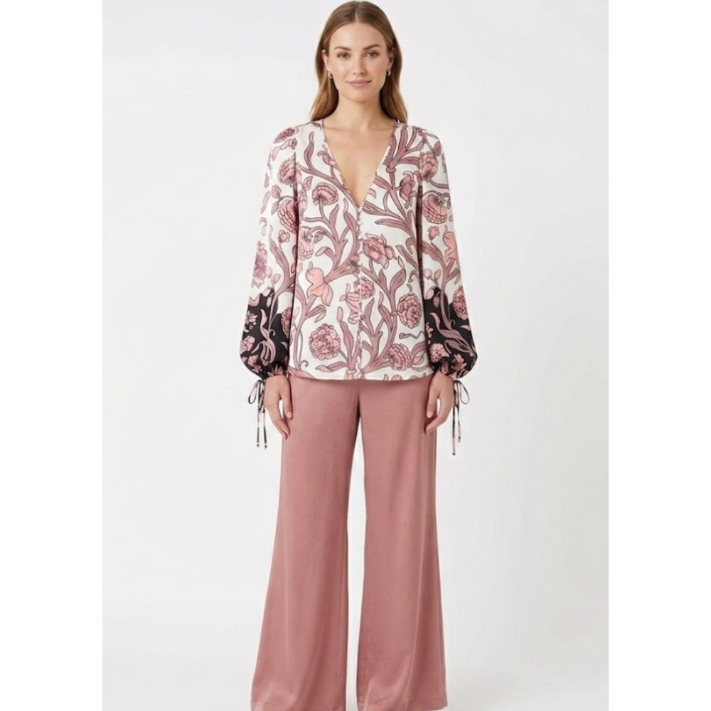 Alice McCall Floral Blouse size 2 V-neck Balloon Sleeve Ultra Soft‎ Button Down